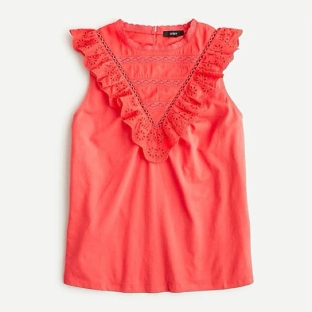 J Crew Eyelet Ruffle Front Top in Faded Poppy